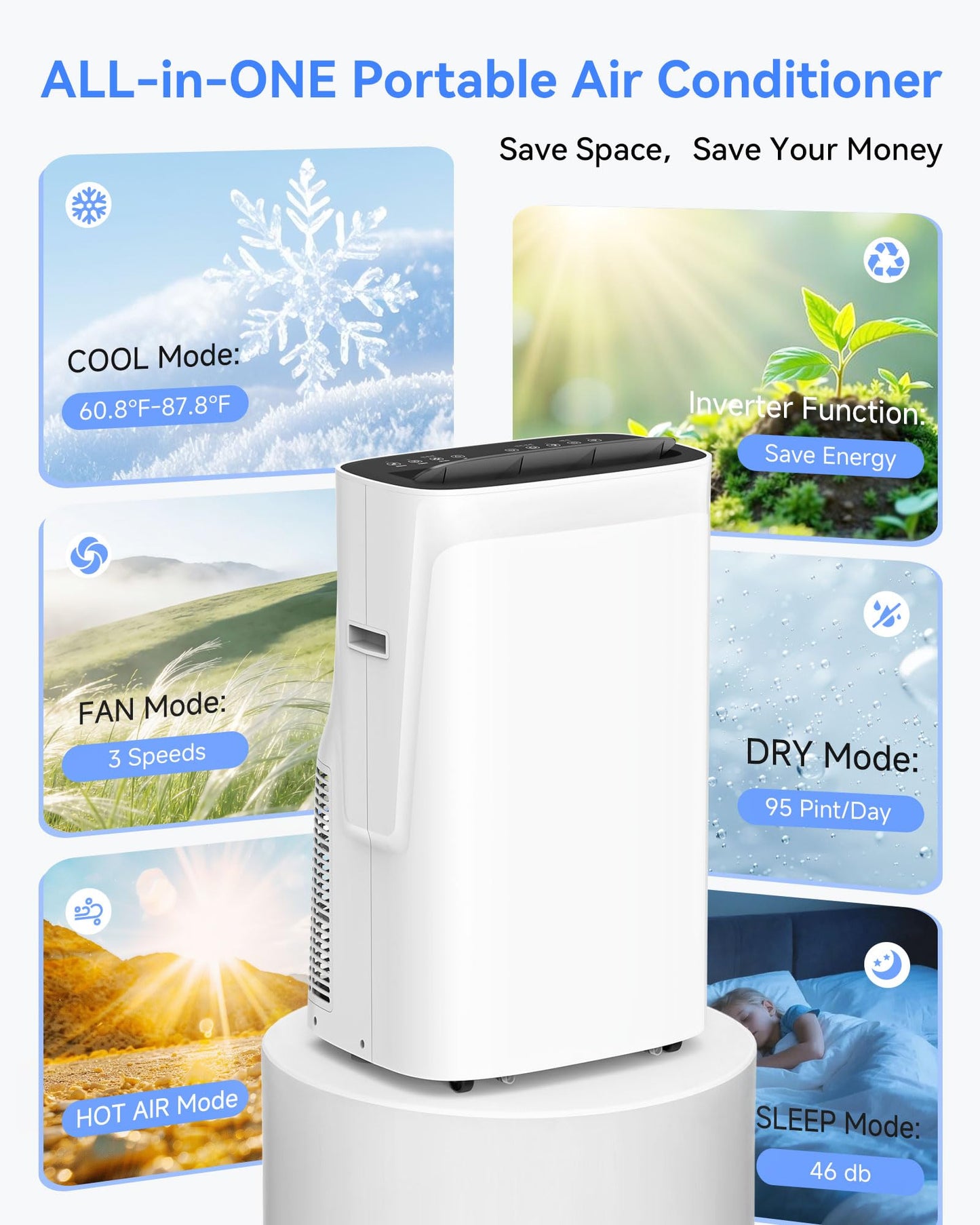 Portable Air Conditioner, 3-in-1 8500 BTU AC Unit with Fan & Dehumidifier – Quiet Cooling for Bedroom, Home Office up to 450 sq.ft, Includes Complete Window Mount Kit