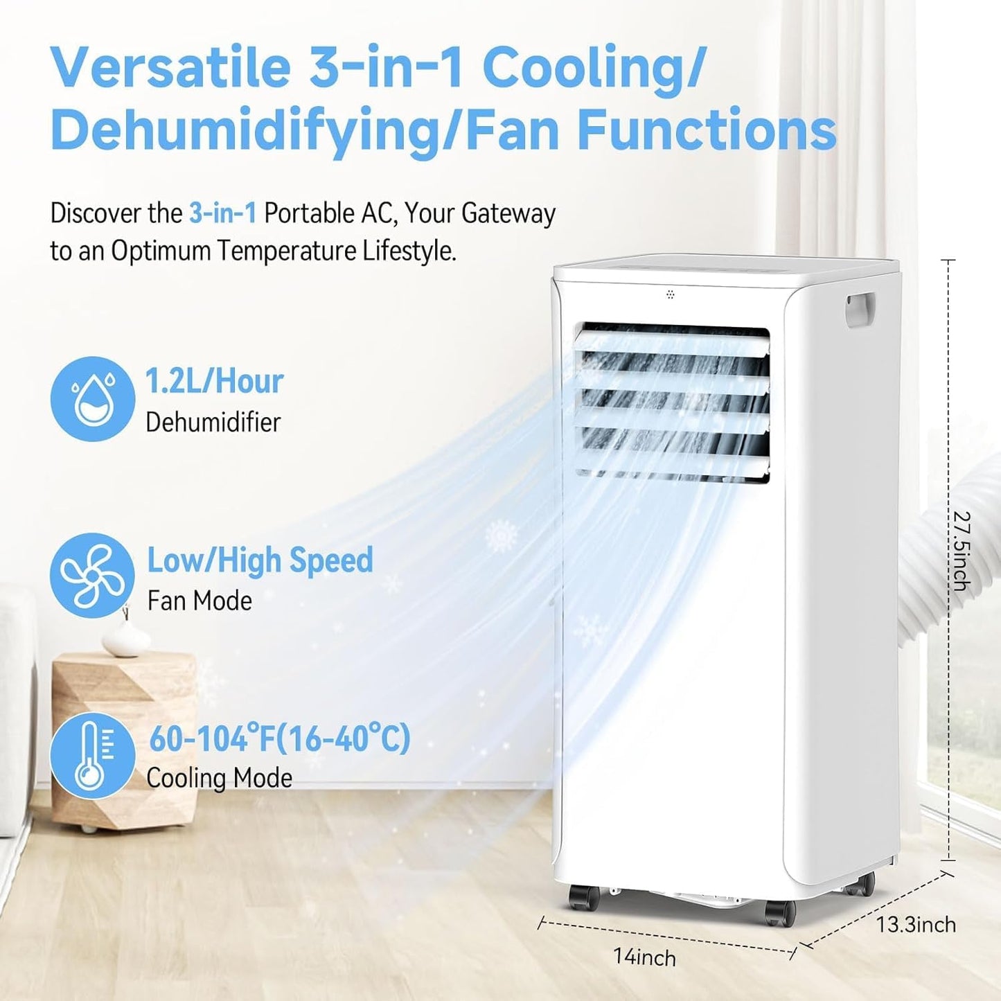 Portable Air Conditioner, 3-in-1 8500 BTU AC Unit with Fan & Dehumidifier – Quiet Cooling for Bedroom, Home Office up to 450 sq.ft, Includes Complete Window Mount Kit