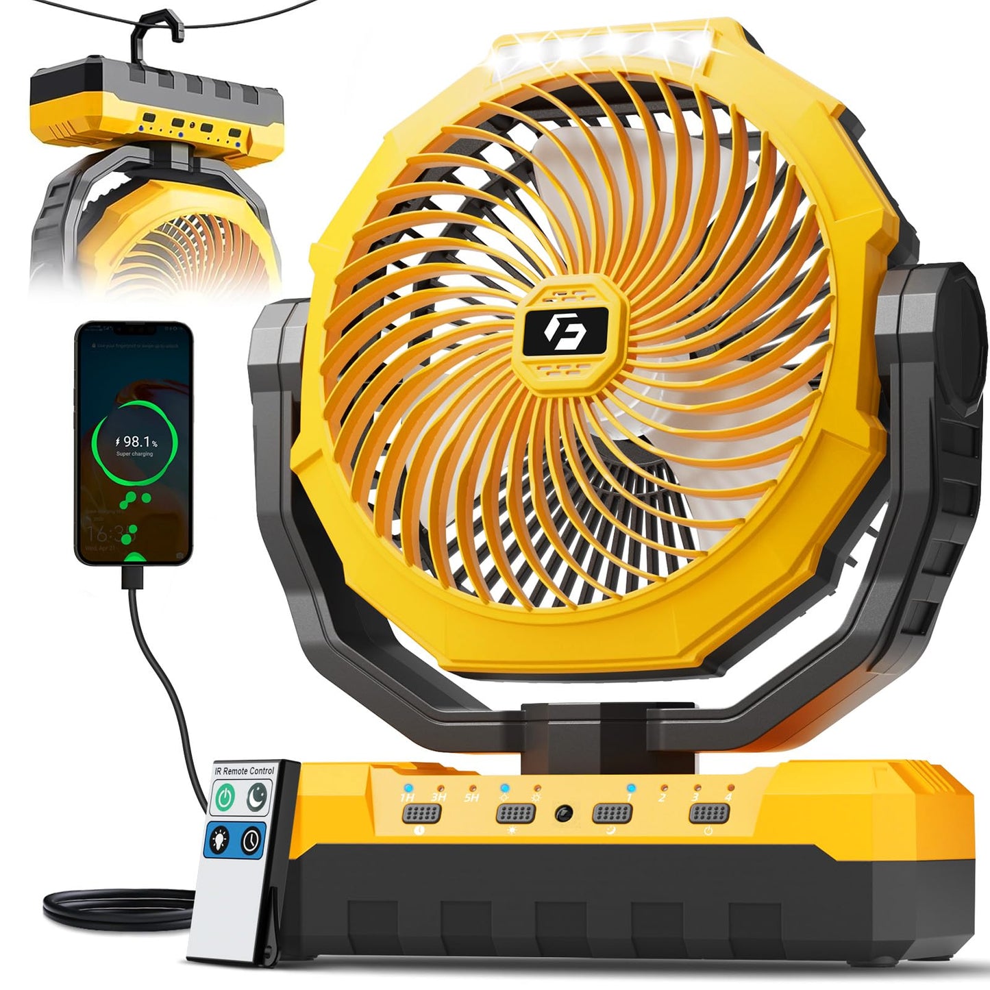 FRIZCOL 3-in-1 Camping Fan - Portable Fans Rechargeable - 24000mAh Battery Powered Fan with Light & Remote for Indoor, Outdoor, Tent, Travel, Fishing, Jobsite, Gifts for Men Dad Him - Orange