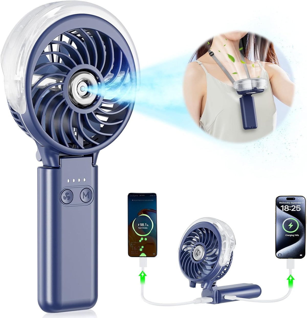 HandFan 5200mAh Rechargeable Handheld Misting Fan, Portable Mister, Royal Blue
