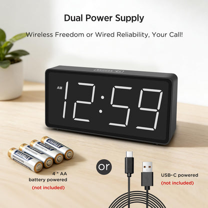 Peakeep Battery Operated Digital Alarm Clock for Bedrooms Cordless - Auto/Manual Dimmer, Volume Adjustable, Large Big Numbers Display, Dual Power Supply