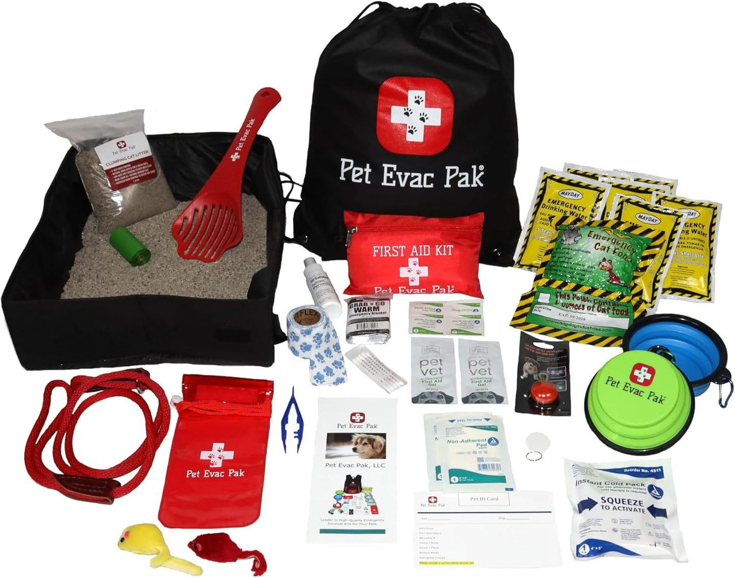 Emergency Kit for Cats in Cinch Bag | First Aid, Food, Water, Litter Box, Safety Supplies