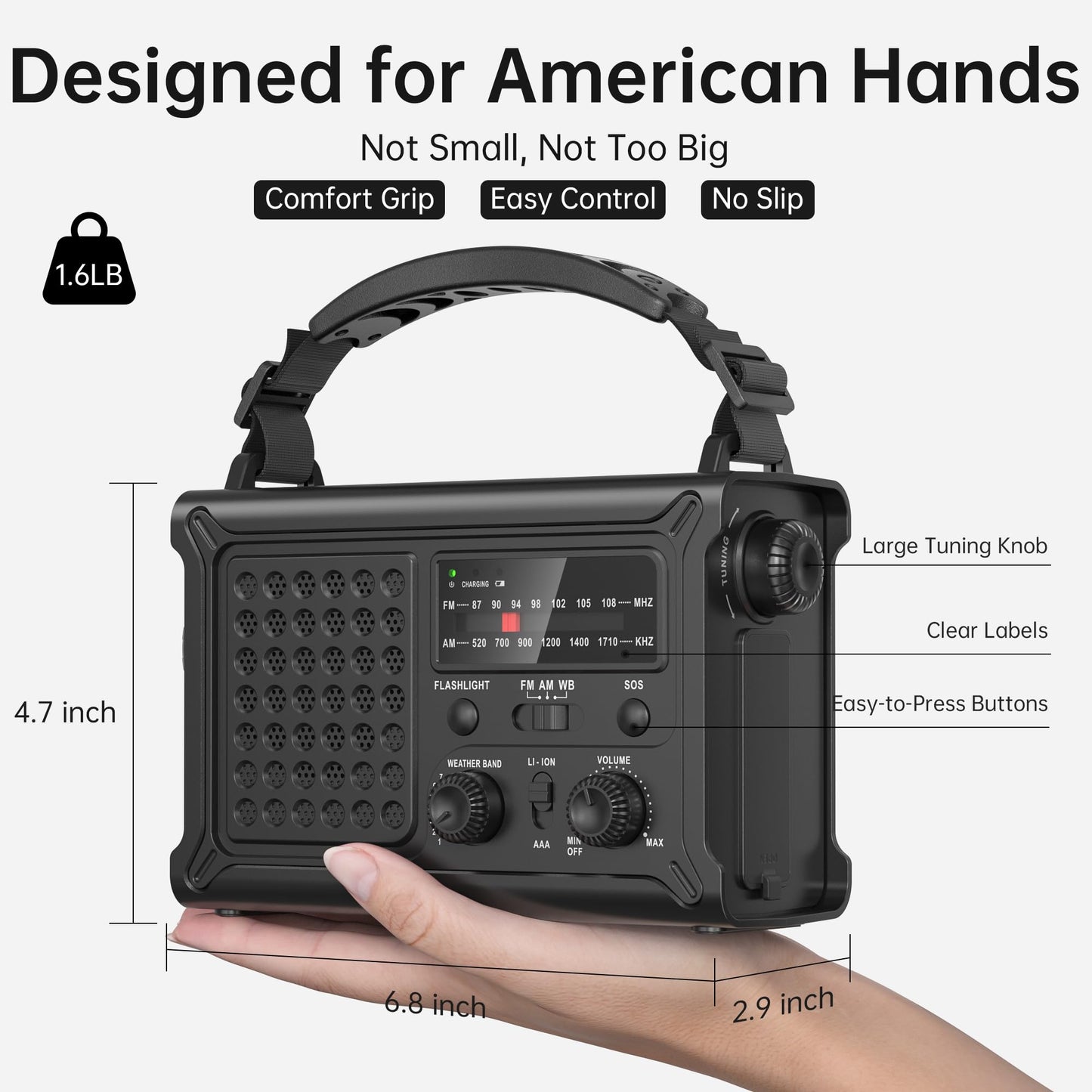 Solar Radio Emergency Hand Crank 12000mAh with Clear Signal, AM FM NOAA Weather Radio Battery Operated with 2-Mode LED Flashlight Cell Phone Charger Dual Outputs SOS