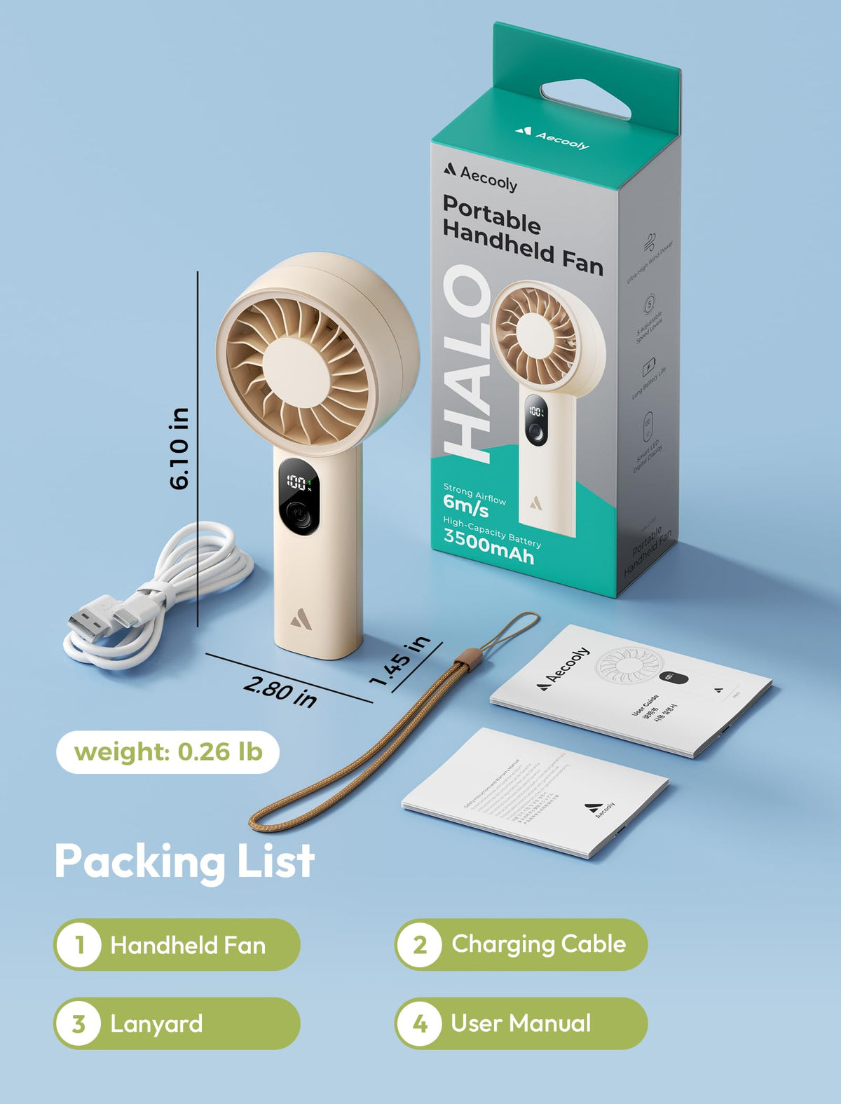 Aecooly Mighty Portable Fan, Powerful Handheld Fan, USB Rechargeable