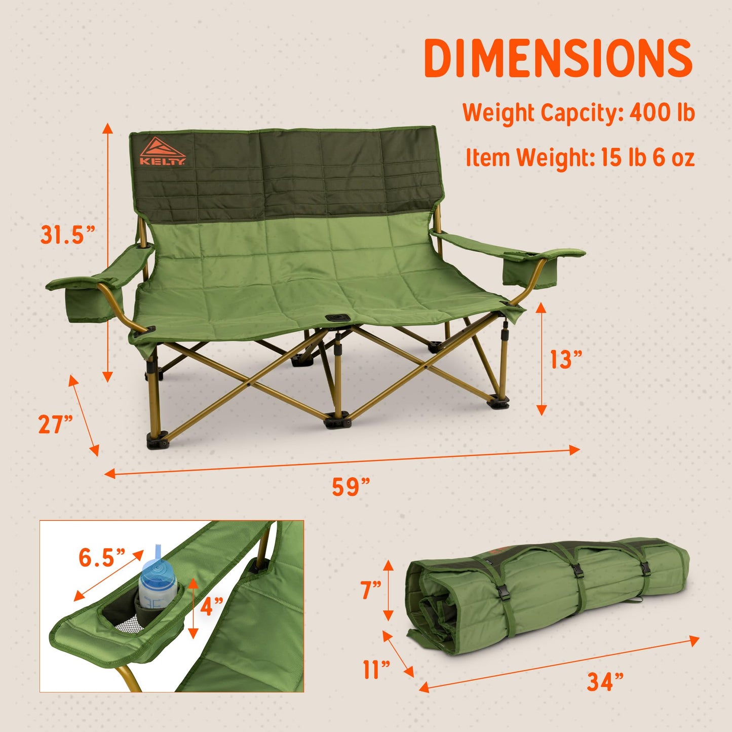 Kelty Low Loveseat Oversized 2-Person Heavy Duty Folding Camp Chair, Double Seat for Soccer Games, Tailgating, Beach Days (Low Height/Dark Shadow)