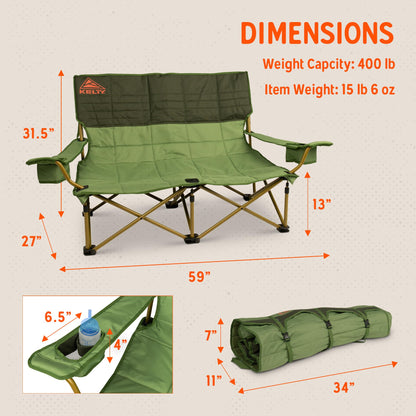 Kelty Low Loveseat Oversized 2-Person Heavy Duty Folding Camp Chair, Double Seat for Soccer Games, Tailgating, Beach Days (Low Height/Dark Shadow)