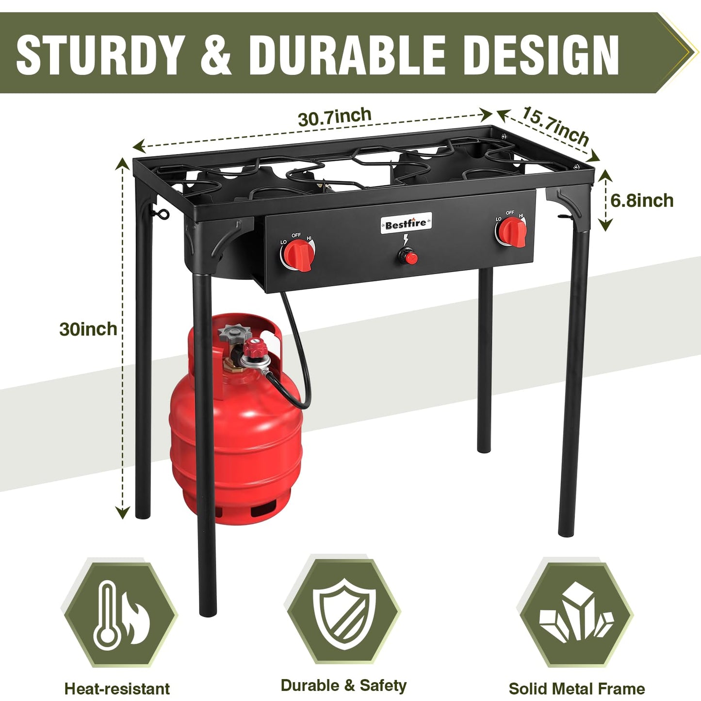 Bestfire 3 Burners Camping Stove for Cooking Outdoor, 225,000 BTU Propane Burners with Ignition wire&Removable Legs, Temperature Control Knobs and 20 PSIG High Pressure Regulator for BBQ