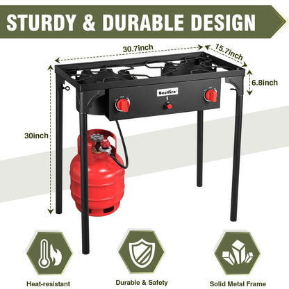 Bestfire 3 Burners Camping Stove for Cooking Outdoor, 225,000 BTU Propane Burners with Ignition wire&Removable Legs, Temperature Control Knobs and 20 PSIG High Pressure Regulator for BBQ