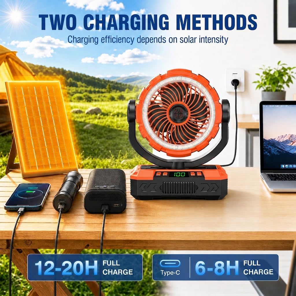 Rechargeable Solar Camping Fan, Oscillating, 5 Speeds, 3 Lights & 12-Hour Timer