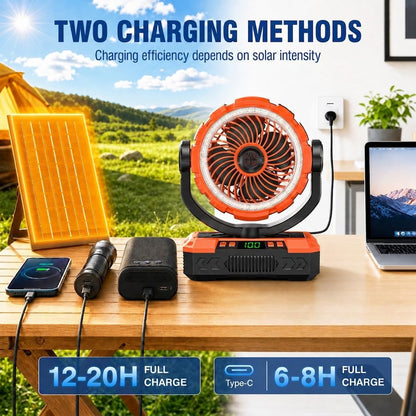 Rechargeable Solar Camping Fan, Oscillating, 5 Speeds, 3 Lights & 12-Hour Timer