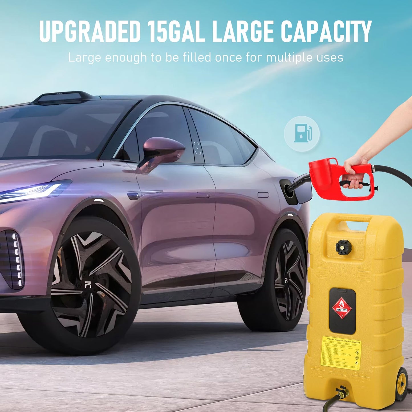 15 Gallon Gas Can, Fuel Tank Container with LE Fluid Transfer Manual Siphon Pump & 10FT Hose, Portable Diesel Gas Storage Caddy with Wheels for Car, ATV, Weeder, Boat, etc., Red