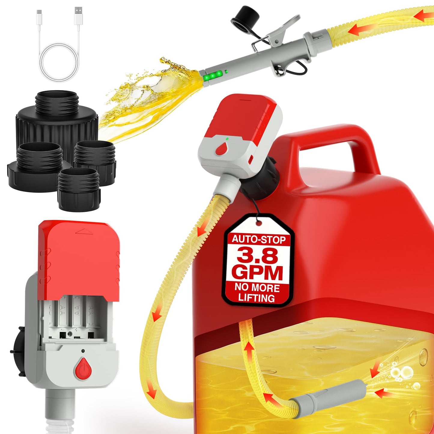 Keimi 5 GPM Cordless Fuel Transfer Pump with Auto-Stop & Hand Trigger Nozzle, Compatible with DeWalt 20V & Milwaukee 18V Batteries, Gas Can Pump for Gasoline/Diesel, 51" Hose & 4 Adapters