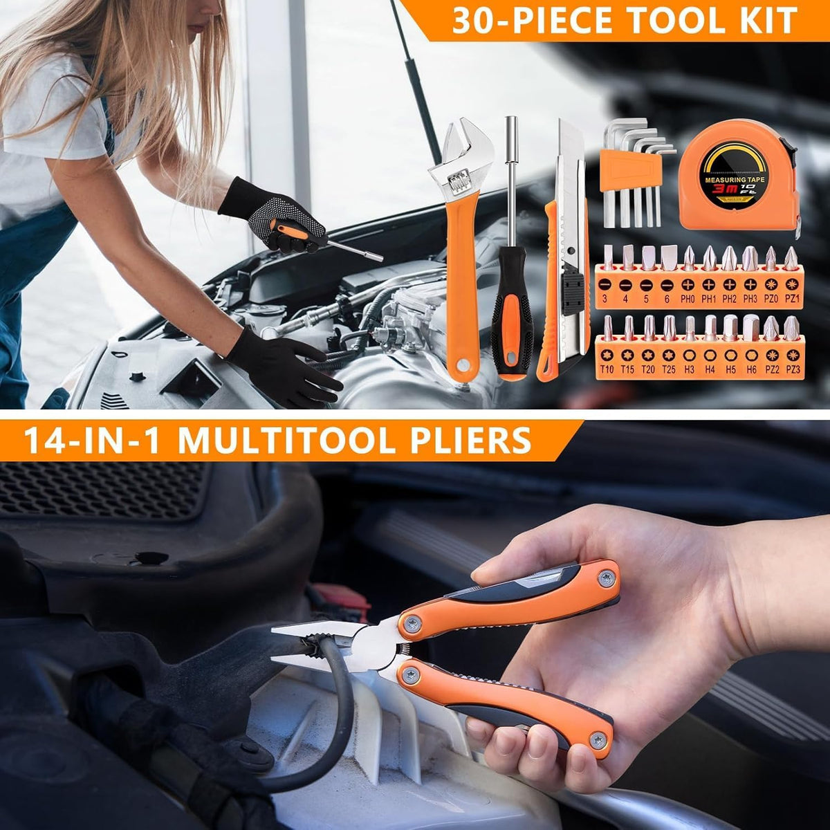 Car Emergency Kit with 12V Air Compressor, Jumper Cables, First Aid & Auto Tools