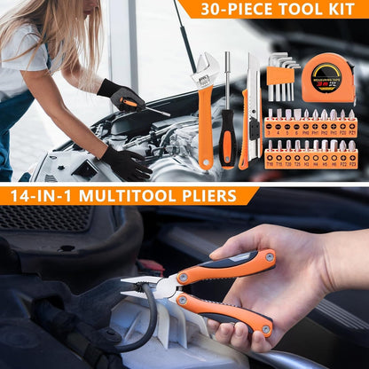 Car Emergency Kit with 12V Air Compressor, Jumper Cables, First Aid & Auto Tools