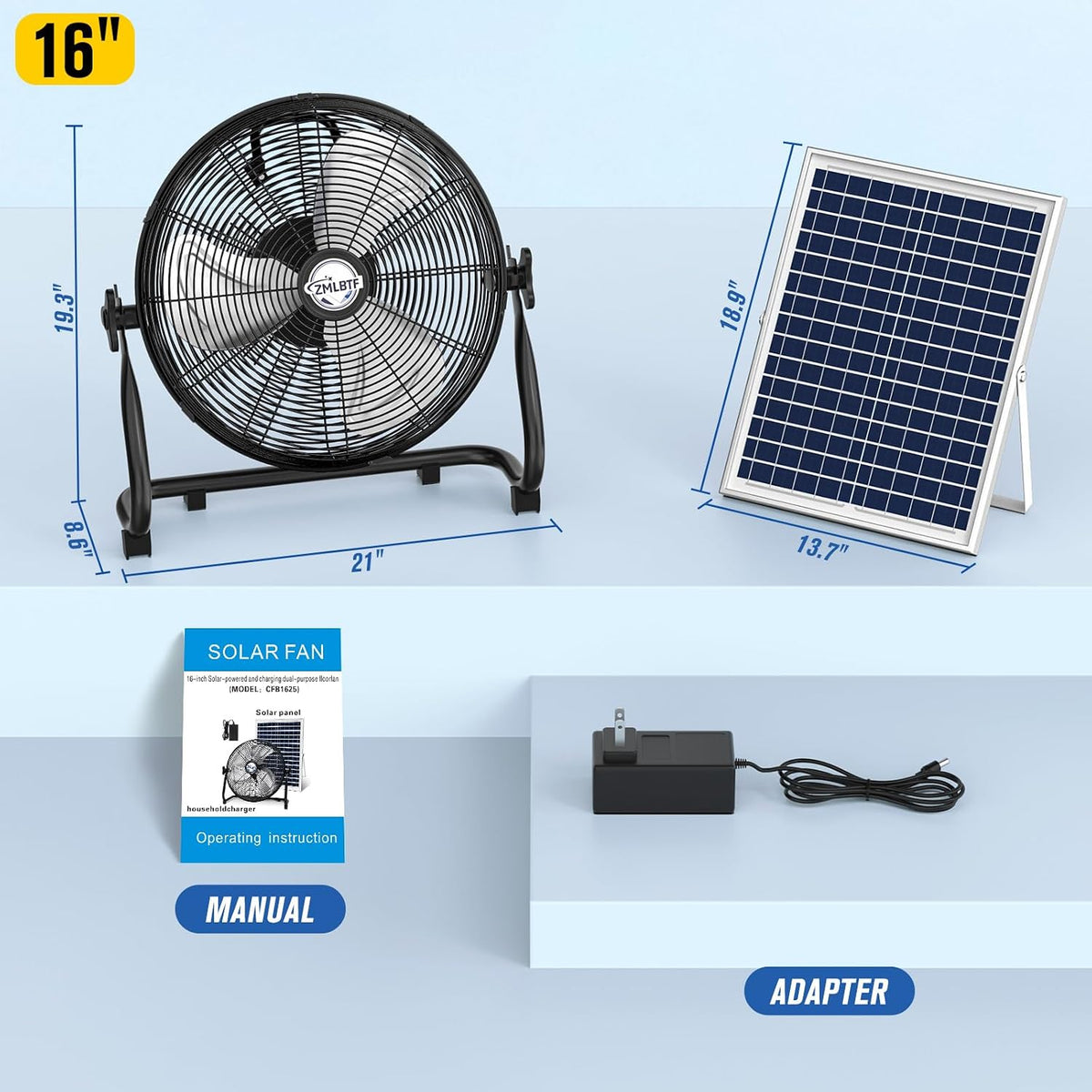 16" Solar Powered Fan with 20W Detachable Solar Panel, Black