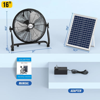 16" Solar Powered Fan with 20W Detachable Solar Panel, Black