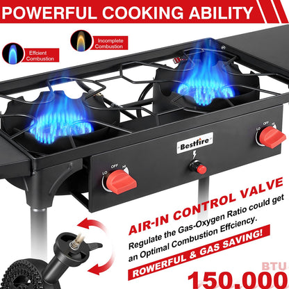 Bestfire 3 Burners Camping Stove for Cooking Outdoor, 225,000 BTU Propane Burners with Ignition wire&Removable Legs, Temperature Control Knobs and 20 PSIG High Pressure Regulator for BBQ