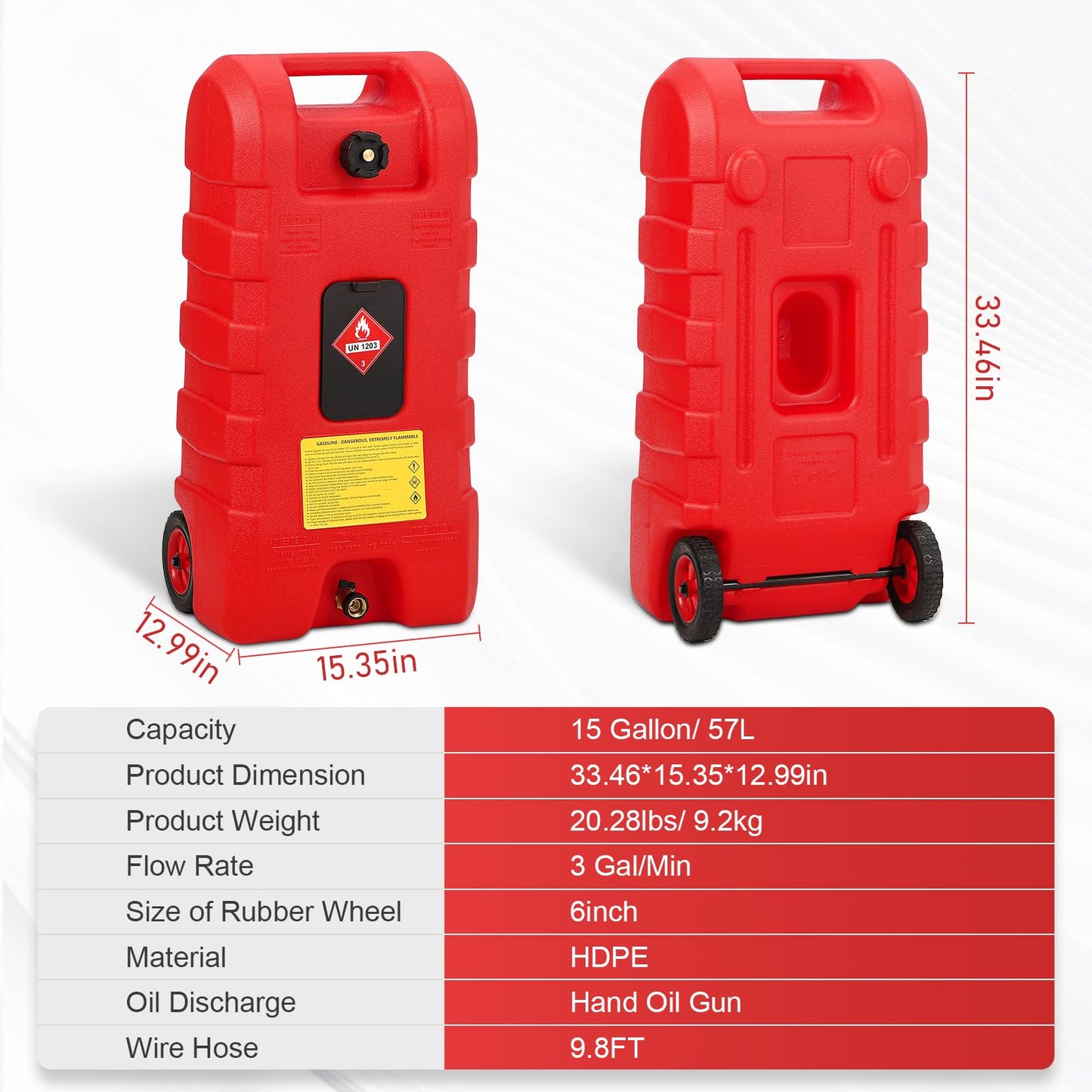 15 Gallon Gas Can, Fuel Tank Container with LE Fluid Transfer Manual Siphon Pump & 10FT Hose, Portable Diesel Gas Storage Caddy with Wheels for Car, ATV, Weeder, Boat, etc., Red