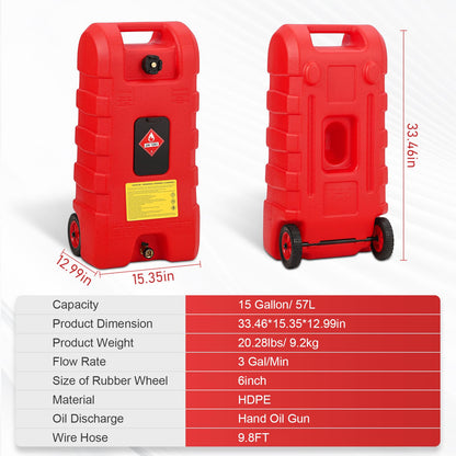 15 Gallon Gas Can, Fuel Tank Container with LE Fluid Transfer Manual Siphon Pump & 10FT Hose, Portable Diesel Gas Storage Caddy with Wheels for Car, ATV, Weeder, Boat, etc., Red