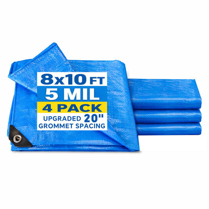 Blue Tarp 8x10 FT (4 Pack), 5 Mil Waterproof Poly Tarp, Reinforced Edges, Upgraded 20" Grommet Spacing, Multi-Purpose Tarpaulin, Cover for Camping, Roof, Yard, Budget Value Pack