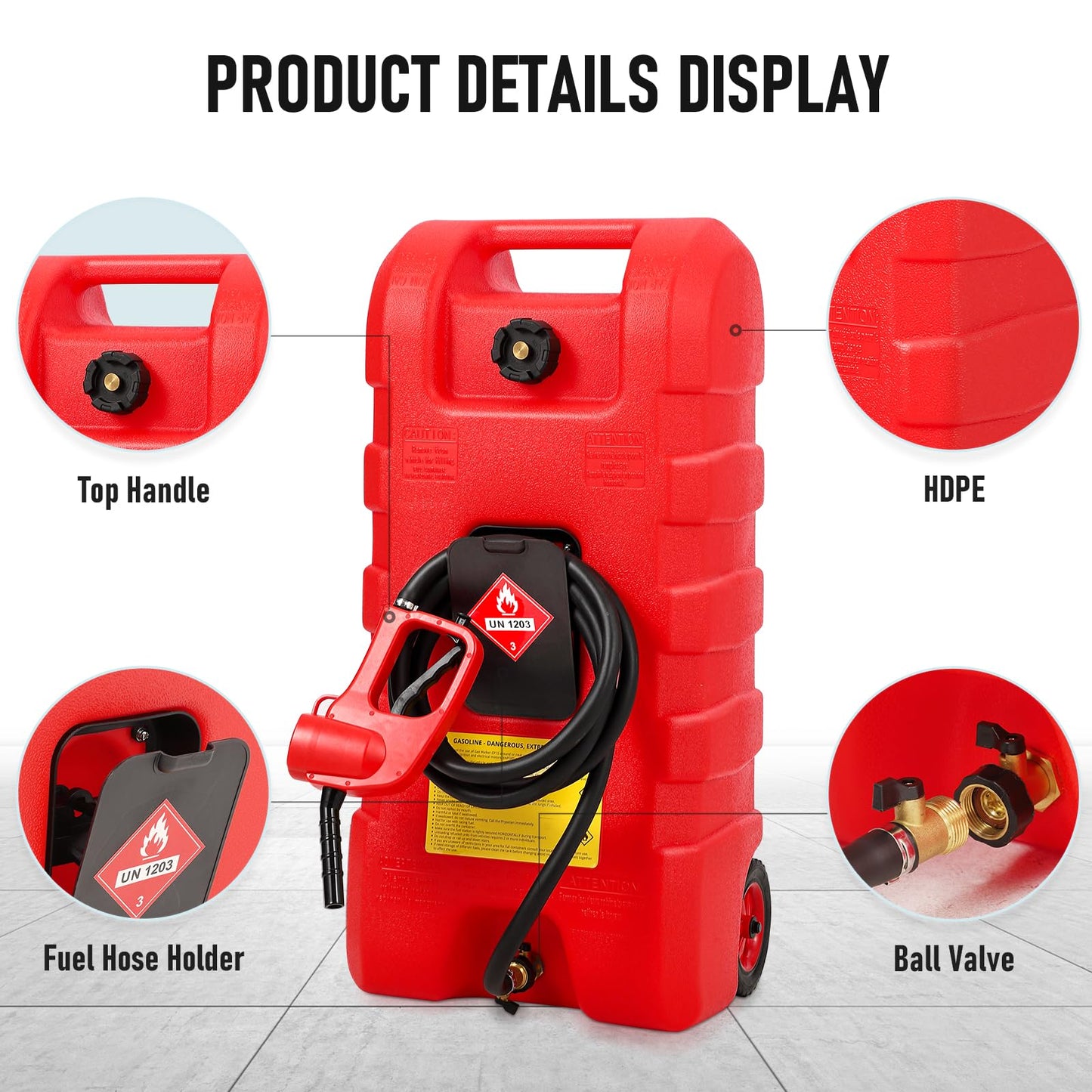 15 Gallon Gas Can, Fuel Tank Container with LE Fluid Transfer Manual Siphon Pump & 10FT Hose, Portable Diesel Gas Storage Caddy with Wheels for Car, ATV, Weeder, Boat, etc., Red