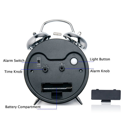 Peakeep 4 Inches Twin Bell Loud Alarm Clock for Heavy Sleepers, Backlight, Battery Operated Old Fashioned Alarm Clock for Bedrooms (3D-Dial, Black)