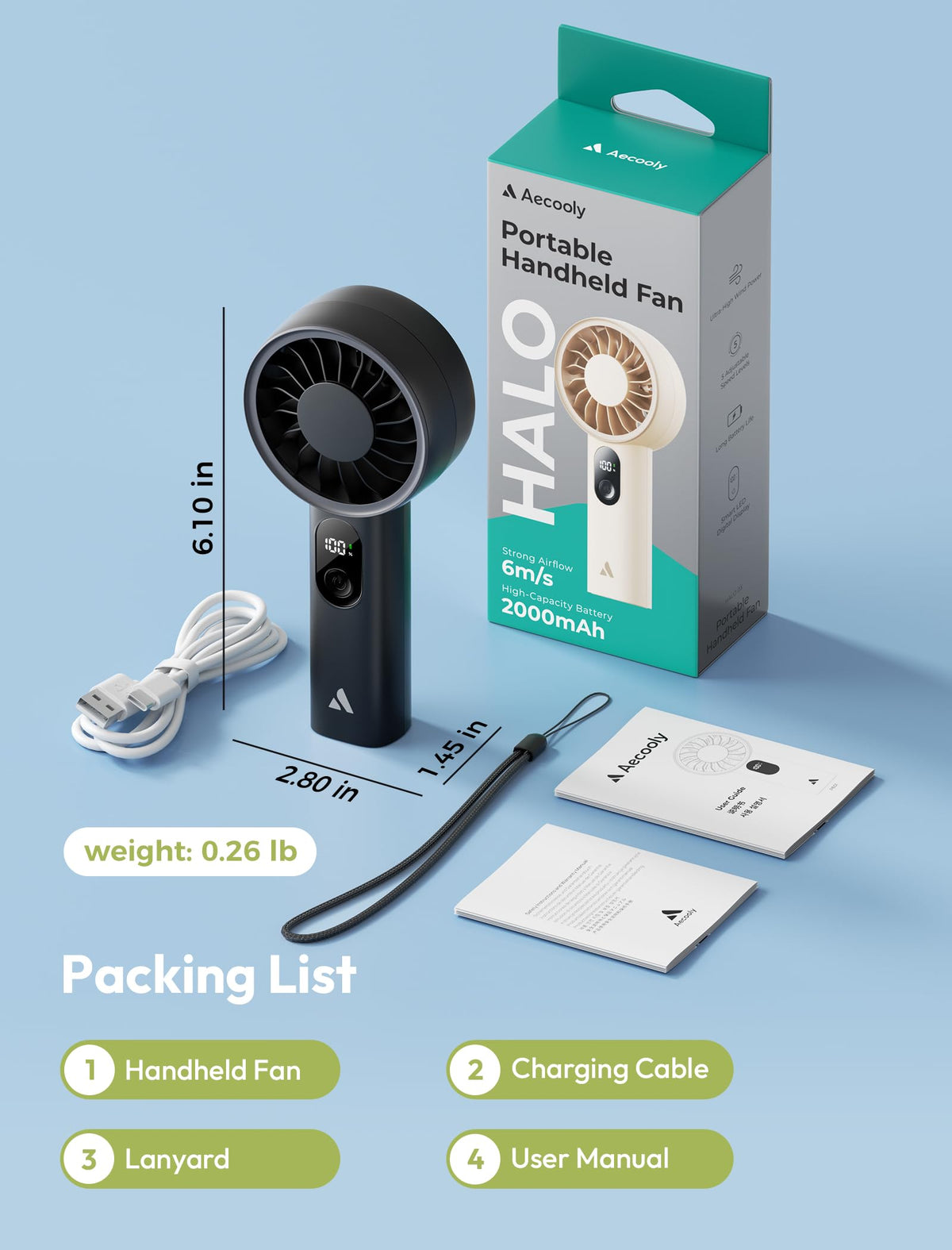 Aecooly Mighty Portable Fan, Powerful Handheld Fan, USB Rechargeable