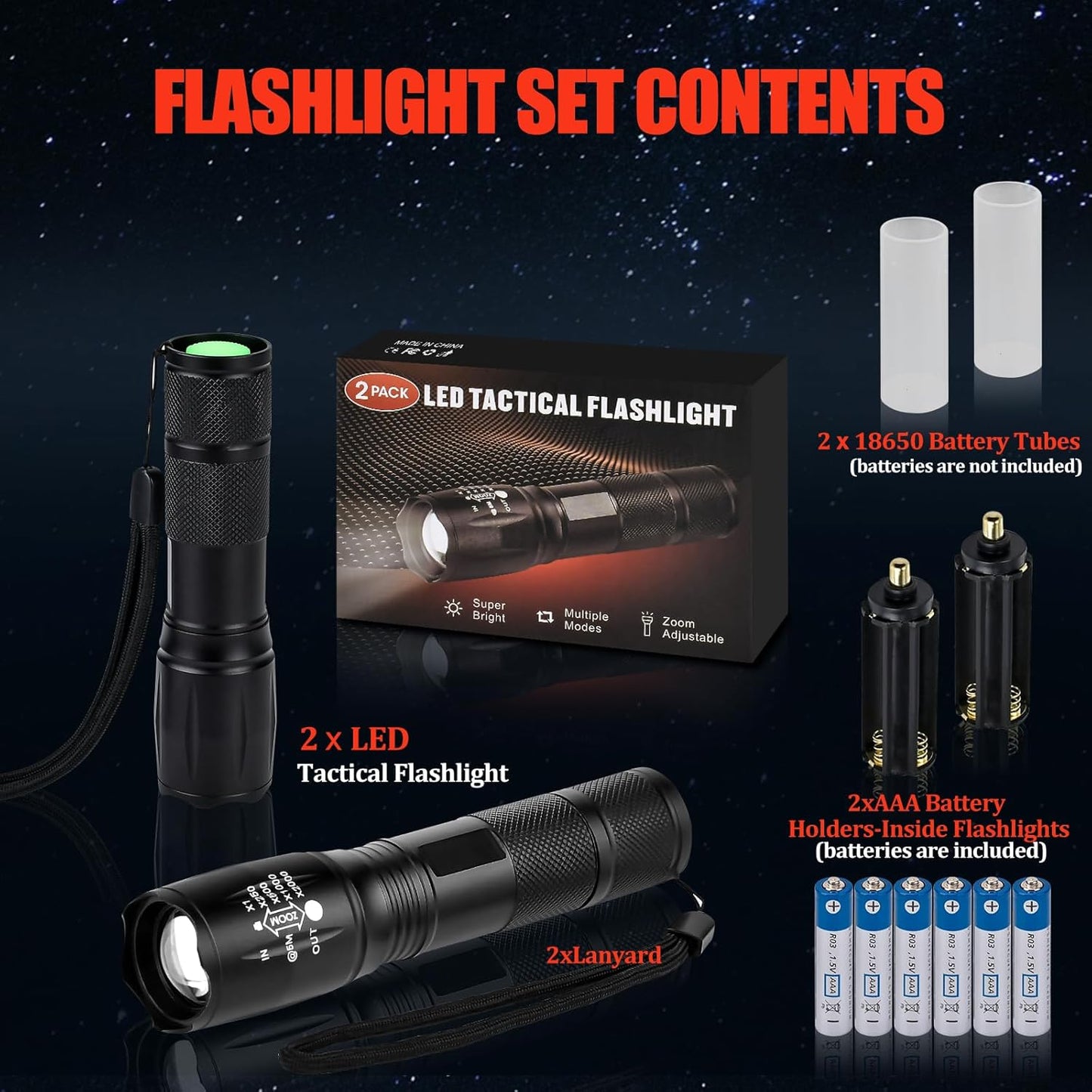 Zoomable LED Flashlights with 5 Modes 2Pack Christmas Stocking Stuffers Birthday Gifts for Men Him Dad Included Batteries Bright Tactical Torch High Lumens Outdoor Fishing Hiking Camping Essentials