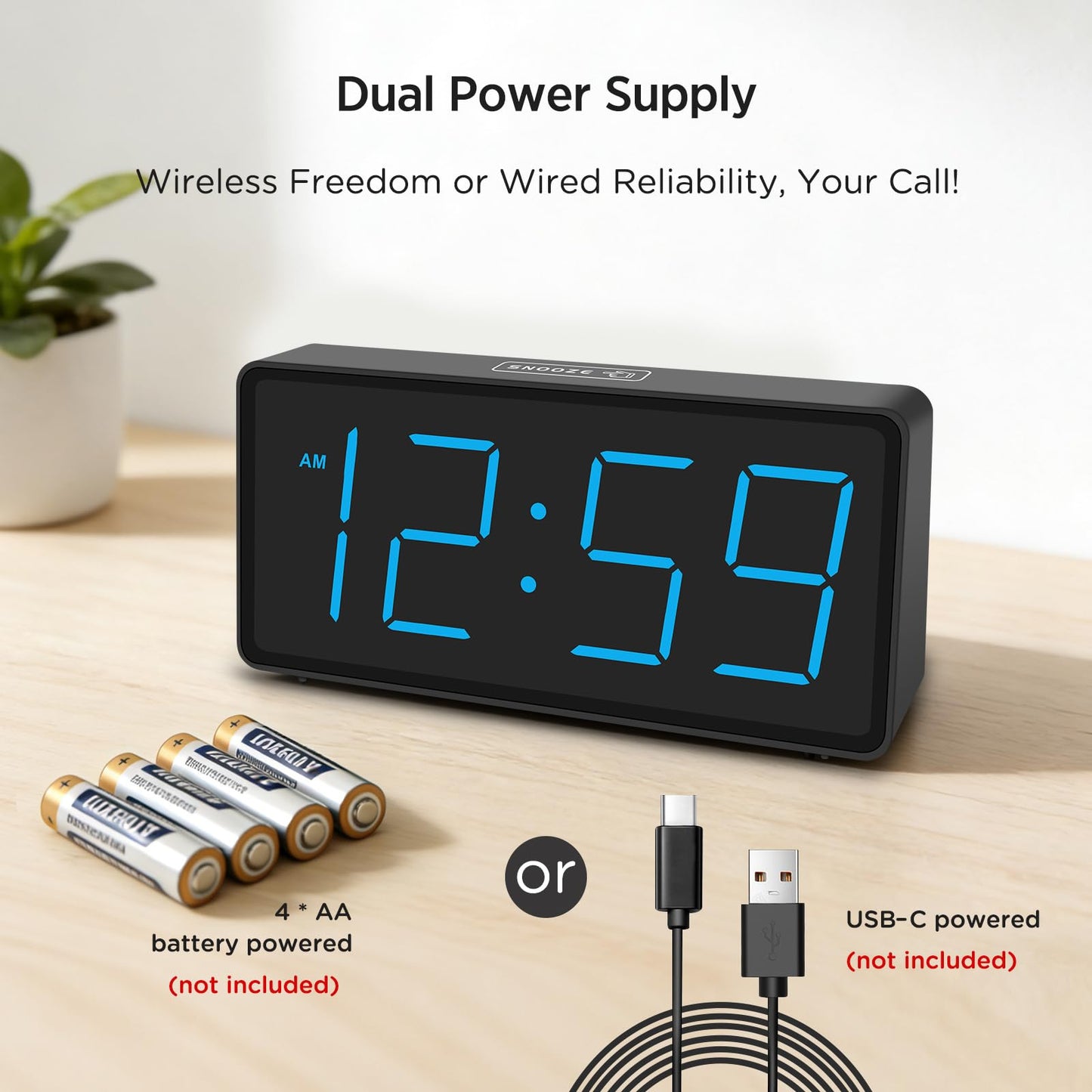 Peakeep Battery Operated Digital Alarm Clock for Bedrooms Cordless - Auto/Manual Dimmer, Volume Adjustable, Large Big Numbers Display, Dual Power Supply