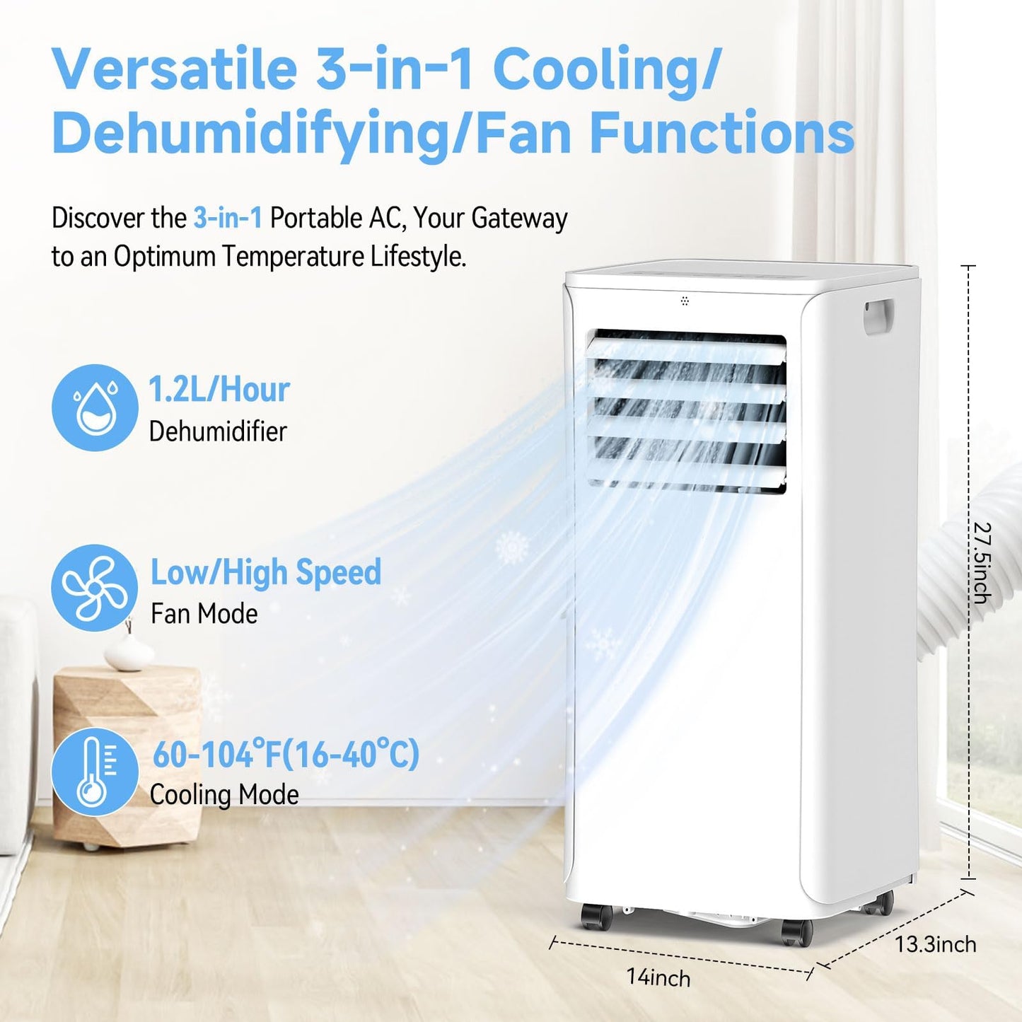 Portable Air Conditioner, 3-in-1 8500 BTU AC Unit with Fan & Dehumidifier – Quiet Cooling for Bedroom, Home Office up to 450 sq.ft, Includes Complete Window Mount Kit