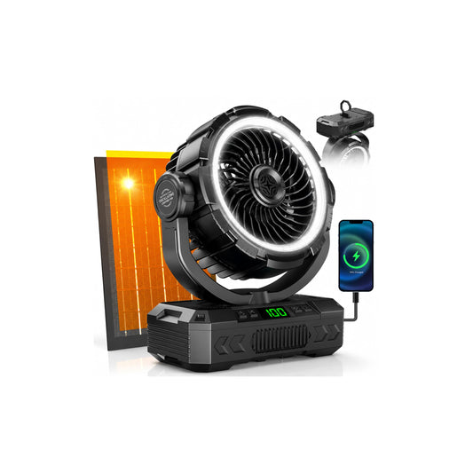 Rechargeable Solar Camping Fan, Oscillating, 5 Speeds, 3 Lights & 12-Hour Timer