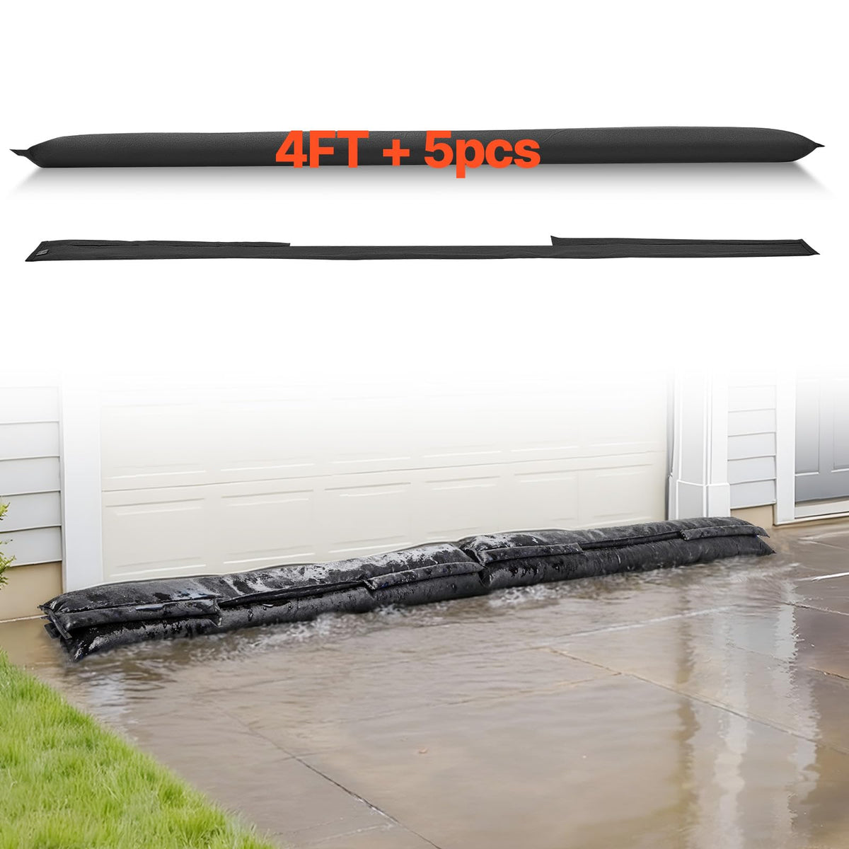 VEVOR Flood Barrier, 10-Pack, 5 × 0.7 ft Water-Activated Sandless Bags with Bucket