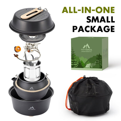 THTYBROS 17pcs Camping Cookware Kit, 0.45Gal Pot, 7inches Pan,0.30Gal Kettle Set with 2 Set Stainless Steel Cups Plates Forks Knives Spoons for Hiking