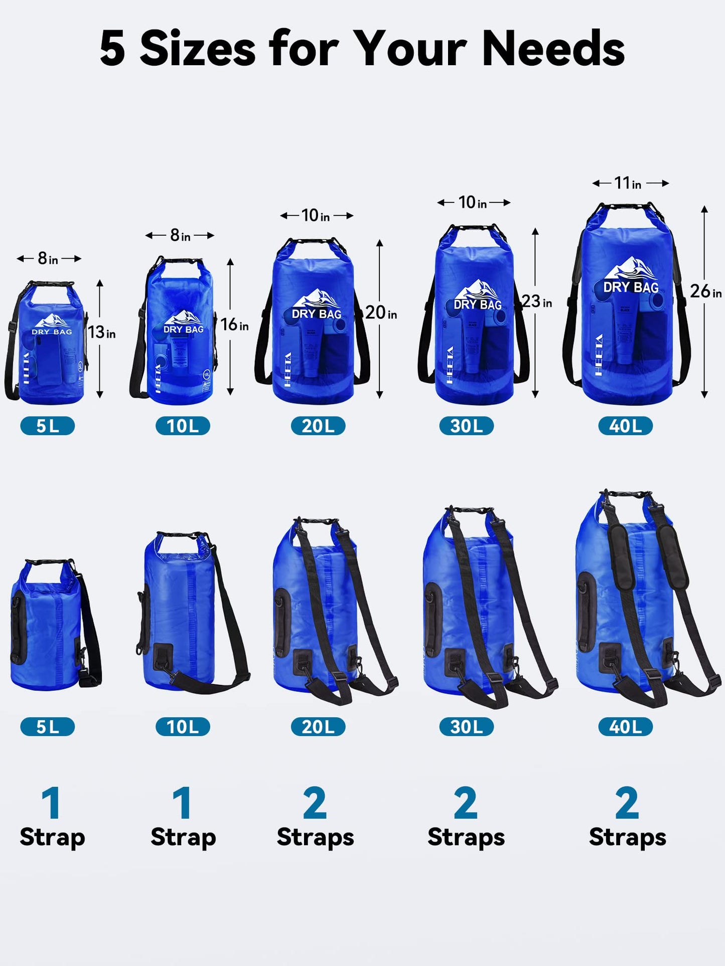 HEETA Dry Bag Waterproof for Women Men, 5L/10L/20L/30L/40L Roll Top Lightweight Dry Storage Bag Backpack with Phone Case for Travel Swimming Boating Kayaking Paddle Board Camping Beach Accessories
