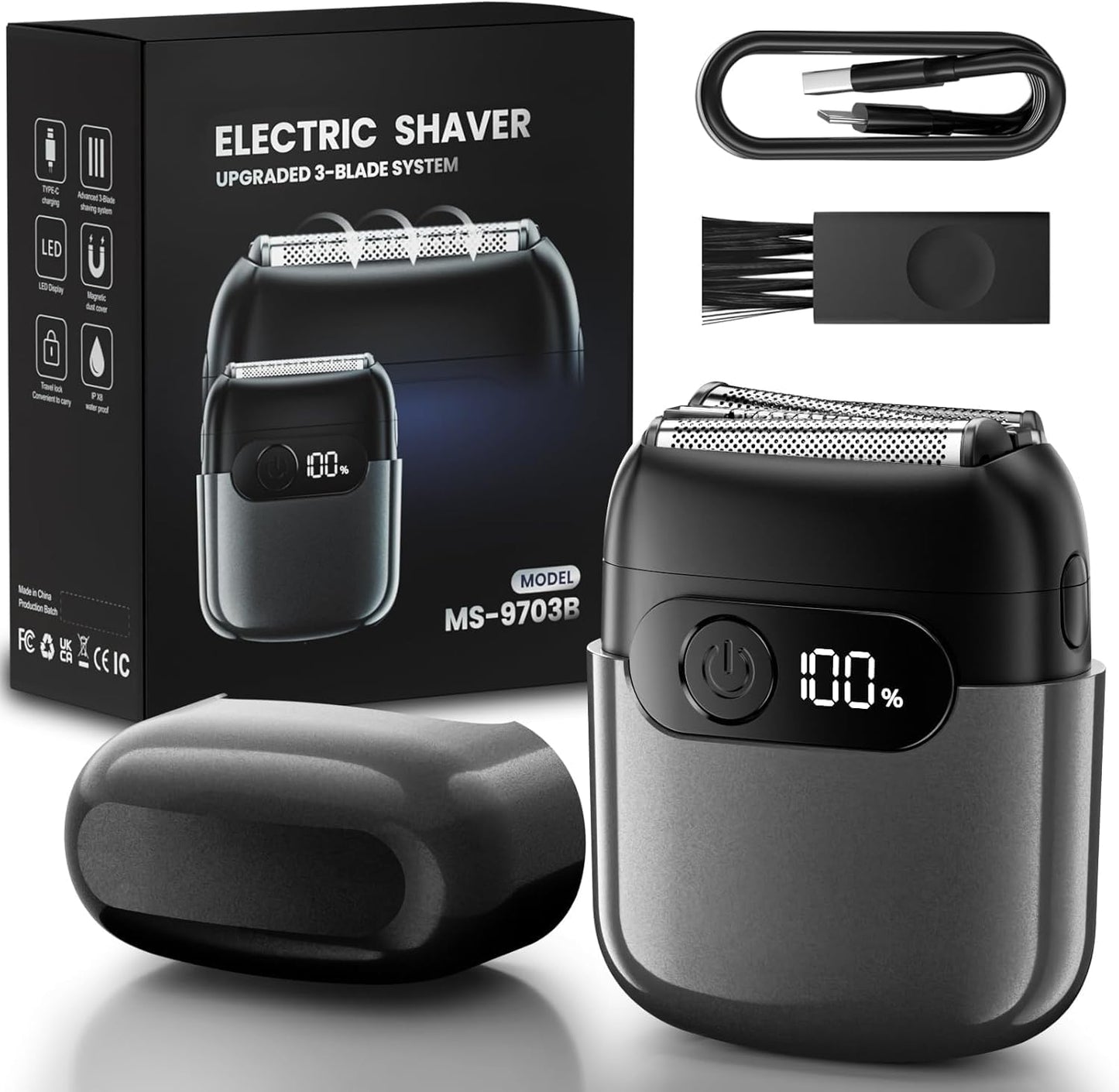 Electric Foil Shaver for Men, Compact 3D Floating Shaving Heads, Electric Razor for Men, IPX8 Waterproof, USB-C Fast Energy, 90-Min Runtime, LED Display, Wet/Dry, Travel Lock Father's Day Gunmetal