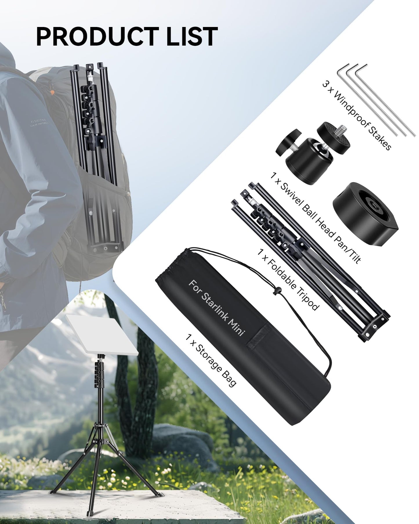 Starlink Mini Tripod Mount Kits, WindPro Wind-Resistant Design, Adjustable Height and Angle Tripod Mounting Kit with Starlink Mini Satellite for Camping and RV Travel