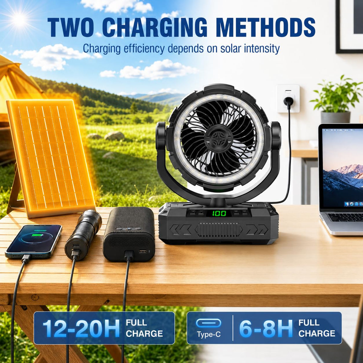 Rechargeable Solar Camping Fan, Oscillating, 5 Speeds, 3 Lights & 12-Hour Timer