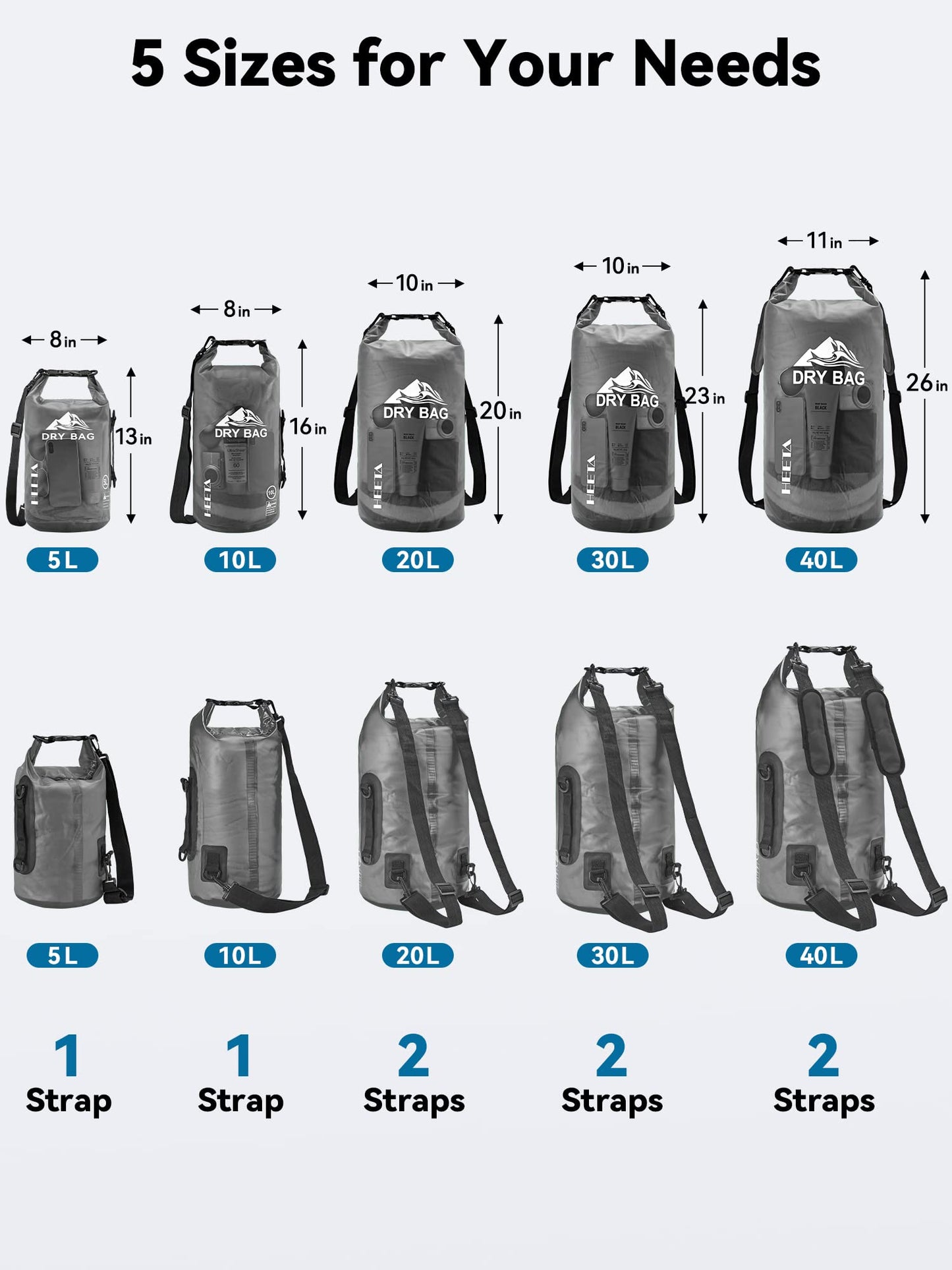 HEETA Dry Bag Waterproof for Women Men, 5L/10L/20L/30L/40L Roll Top Lightweight Dry Storage Bag Backpack with Phone Case for Travel Swimming Boating Kayaking Paddle Board Camping Beach Accessories