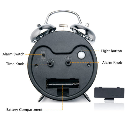 Peakeep 4 Inches Twin Bell Loud Alarm Clock for Heavy Sleepers, Backlight, Battery Operated Old Fashioned Alarm Clock for Bedrooms (3D-Dial, Black)