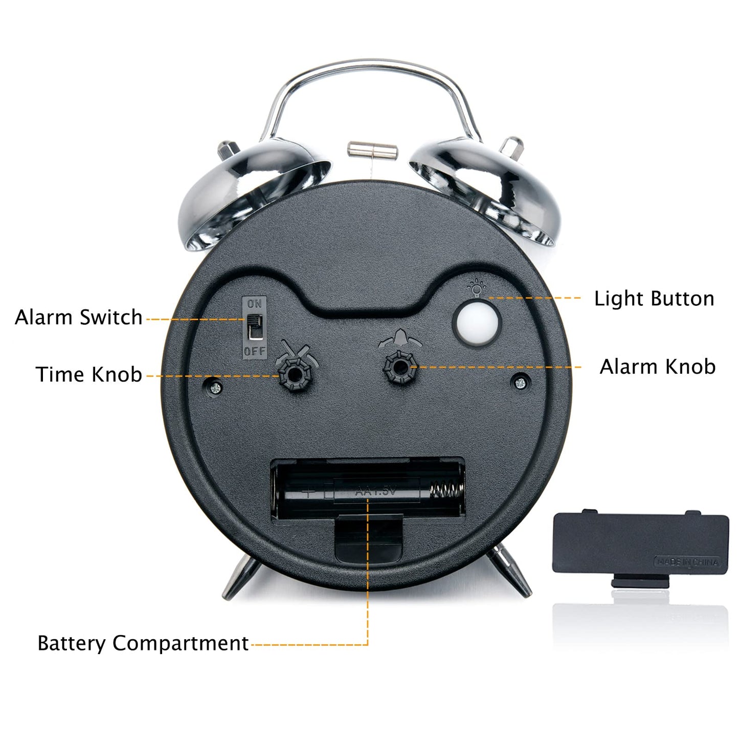 Peakeep 4 Inches Twin Bell Loud Alarm Clock for Heavy Sleepers, Backlight, Battery Operated Old Fashioned Alarm Clock for Bedrooms (3D-Dial, Black)