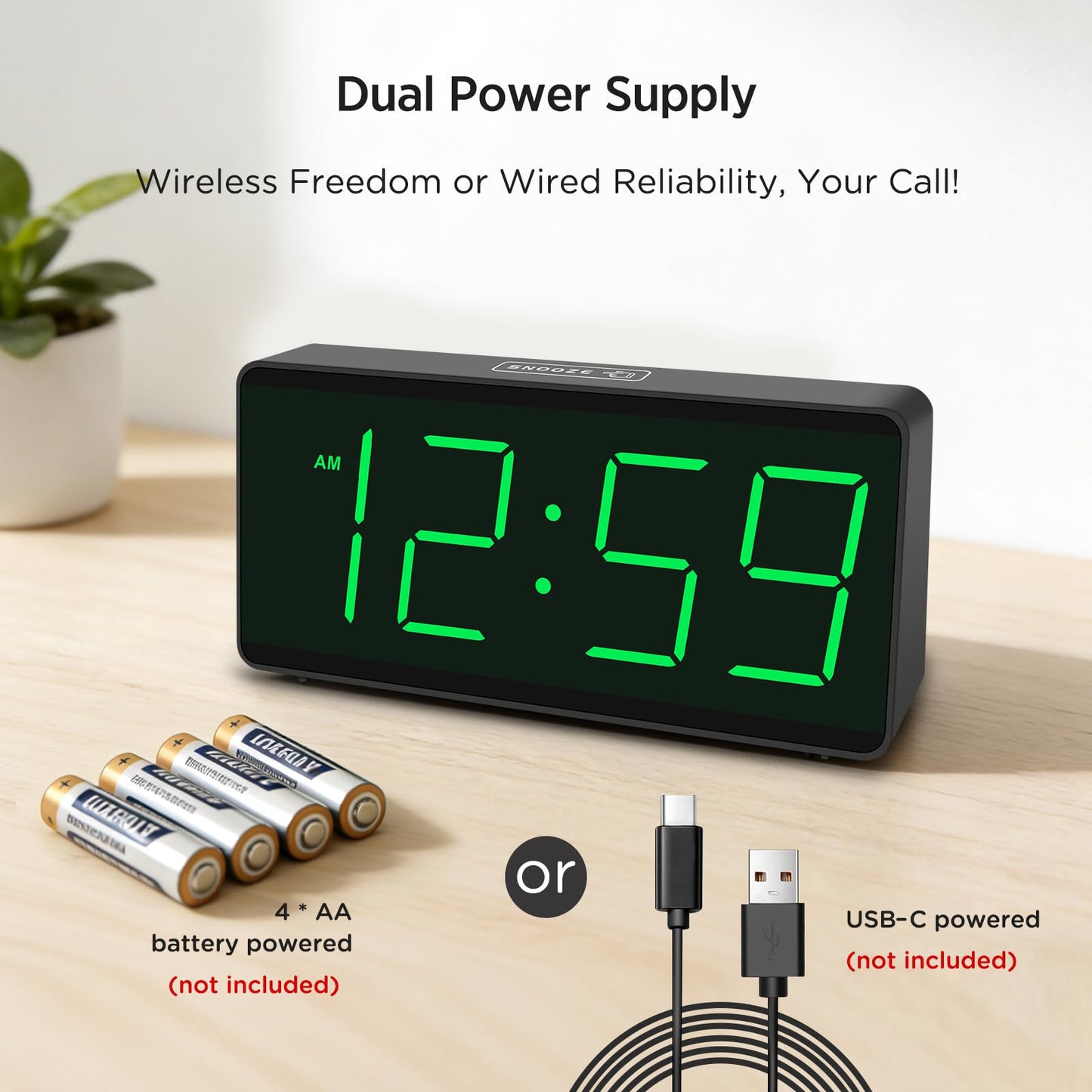 Peakeep Battery Operated Digital Alarm Clock for Bedrooms Cordless - Auto/Manual Dimmer, Volume Adjustable, Large Big Numbers Display, Dual Power Supply