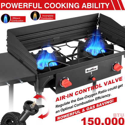 Bestfire 3 Burners Camping Stove for Cooking Outdoor, 225,000 BTU Propane Burners with Ignition wire&Removable Legs, Temperature Control Knobs and 20 PSIG High Pressure Regulator for BBQ