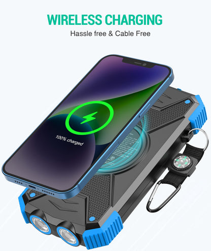 BLAVOR Solar Power Bank 10,000mAh, Portable Wireless Charger, 20W Fast Charging External Battery Pack with USB C for Cell Phones, Solar Panel Charging with Dual Flashlight for Camping
