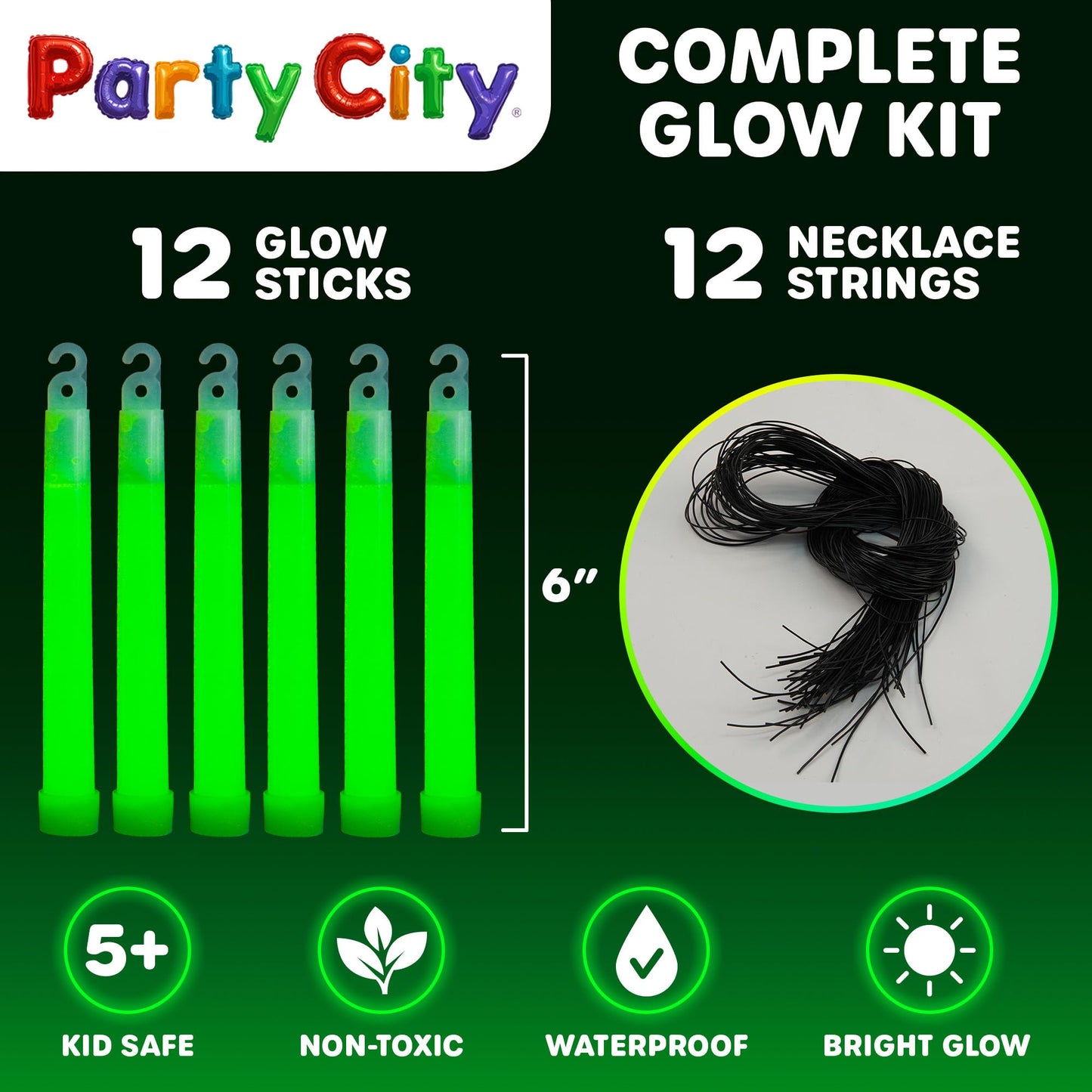 Party City Multicolor Glow Sticks Bulk Pack 6”- 12pk Glow in the Dark Sticks for Kids, Waterproof Camping Survival Ultra Bright Emergency Light Stick with String, Neon Glowsticks Party Supplies Favors