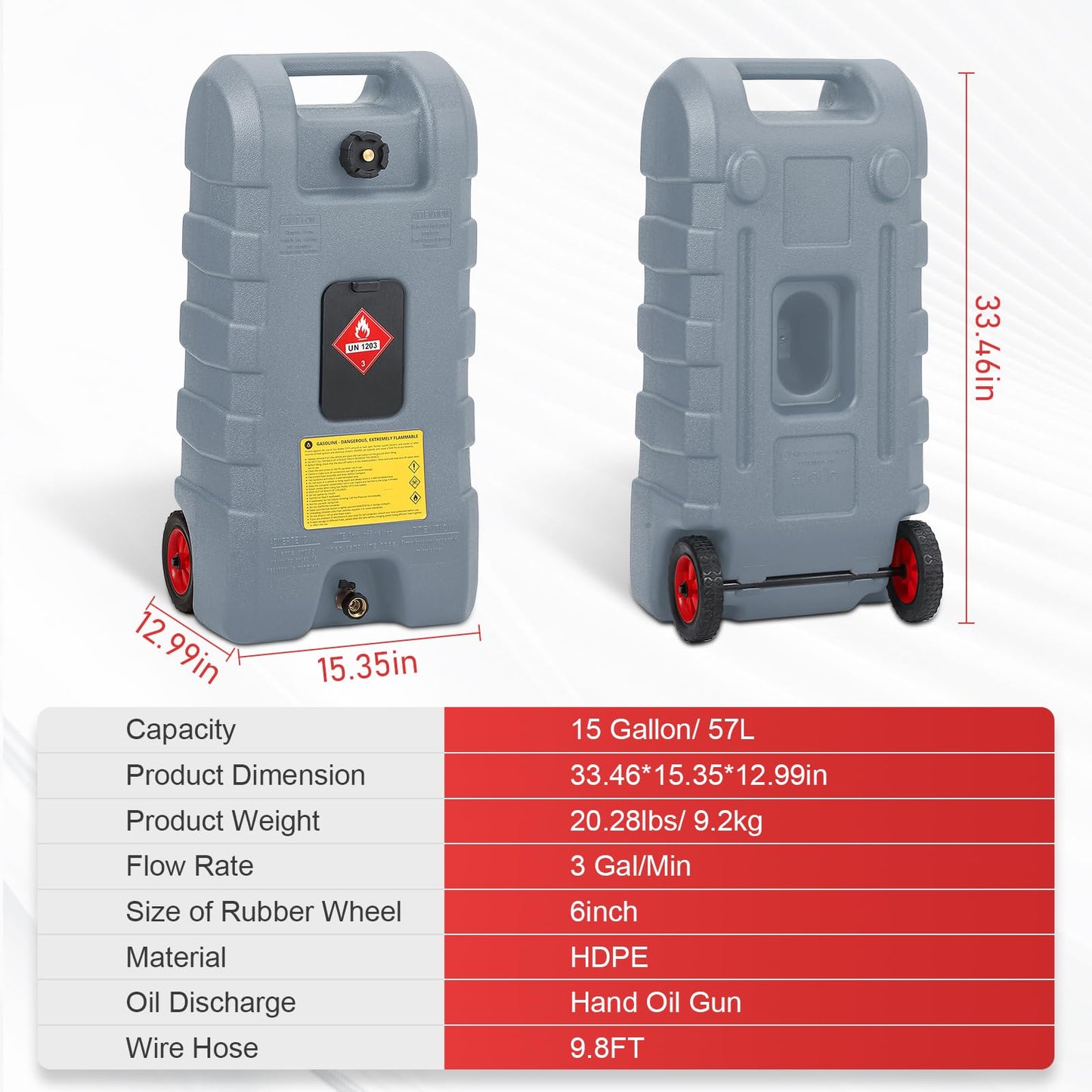 15 Gallon Gas Can, Fuel Tank Container with LE Fluid Transfer Manual Siphon Pump & 10FT Hose, Portable Diesel Gas Storage Caddy with Wheels for Car, ATV, Weeder, Boat, etc., Red