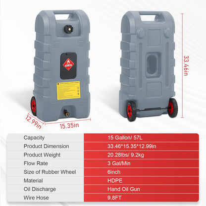 15 Gallon Gas Can, Fuel Tank Container with LE Fluid Transfer Manual Siphon Pump & 10FT Hose, Portable Diesel Gas Storage Caddy with Wheels for Car, ATV, Weeder, Boat, etc., Red