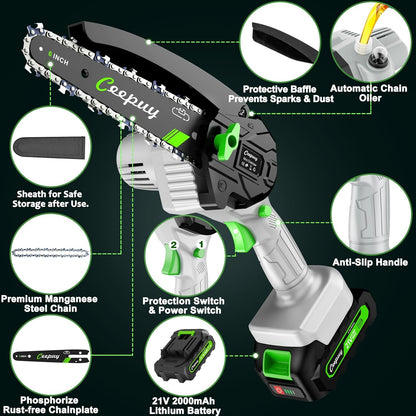 CEEPUY Mini Chainsaw Cordless,6 Inch Portable Electric Chainsaw with Automatic Oiler/Security Lock/Battery Powered Small Handheld Saw for Trees Branches Trimming,Wood Cutting, Gifts for Men Women