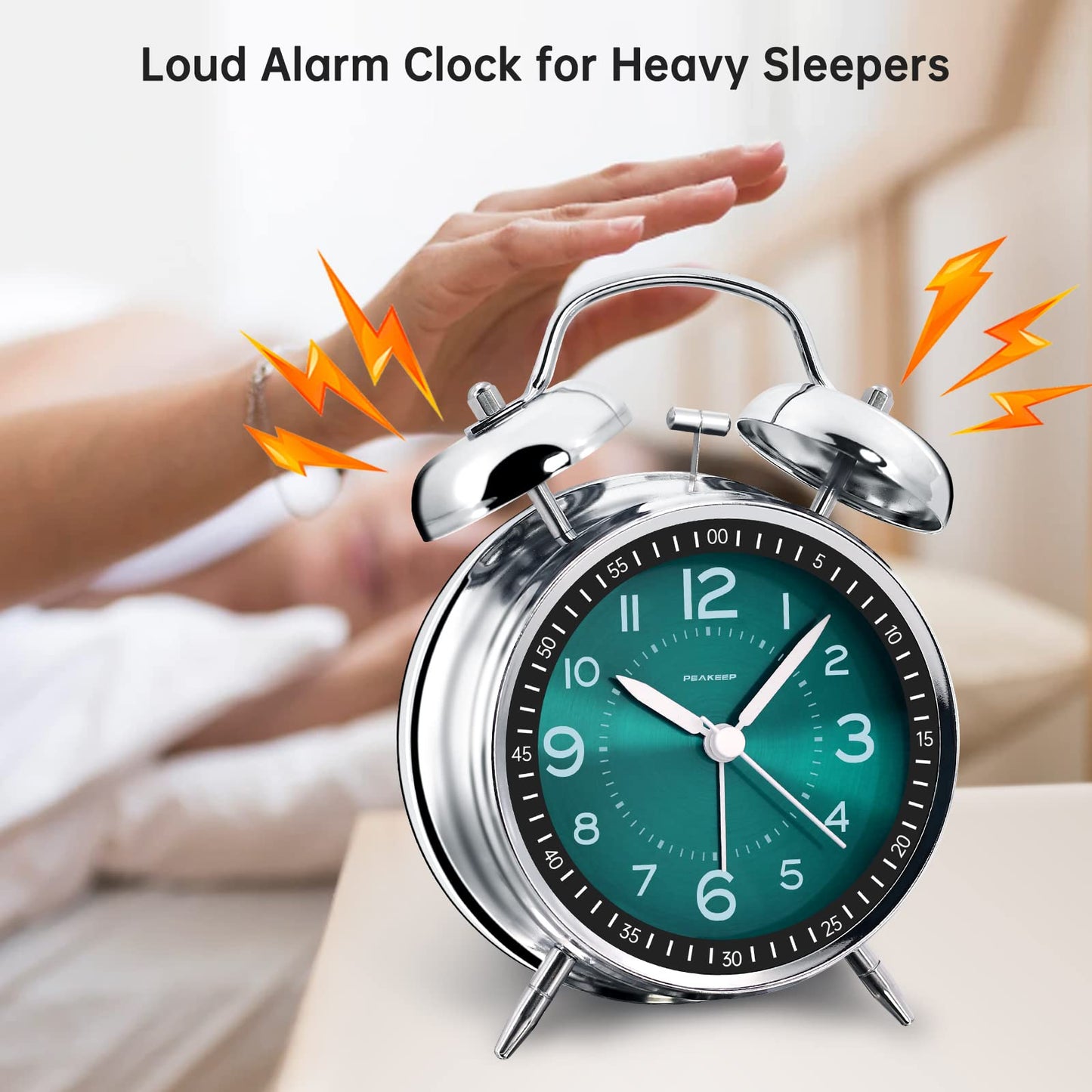 Peakeep 4 Inches Twin Bell Loud Alarm Clock for Heavy Sleepers, Backlight, Battery Operated Old Fashioned Alarm Clock for Bedrooms (3D-Dial, Black)