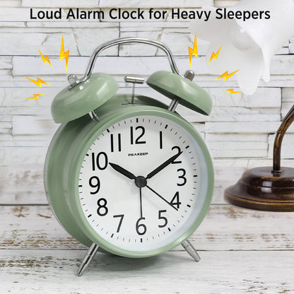 Peakeep 4 Inches Twin Bell Loud Alarm Clock for Heavy Sleepers, Backlight, Battery Operated Old Fashioned Alarm Clock for Bedrooms (3D-Dial, Black)