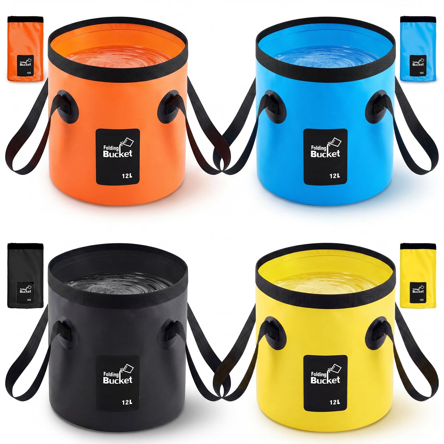 3 Gallon 4 Pack Collapsible Bucket, Foldable Water Bucket with Handles, Portable Camping Buckets for Fishing, Hiking, Cleaning, Outdoor & Travel Use (Multicolor)